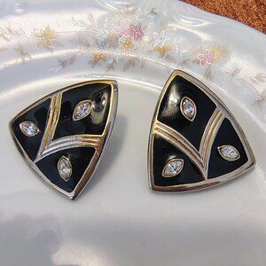 Vtg Rare 80s Signed H.I. Black Gold Enamel Rhinestone Clip-on Earrings Big Bold